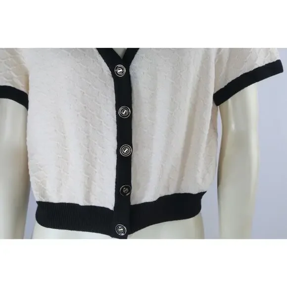 Vintage St. John Collection Knit Cardigan Ivory Black Trim Short Sleeve Size 6 - Picture 4 of 16